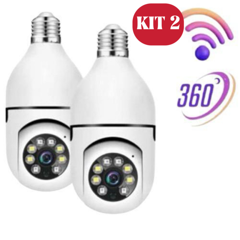 KIT 2Câmera wifi ip sem fio giratória 360 com encaixe lampada bocal rosca ptz full HD visão noturna segurança