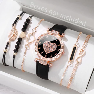 Moda Diamante Discagem Coração Discagem Senhoras Relógio Casual Pulseira de Couro Pulseira de Quartzo Pulseira de Amor Pulseira de Folha