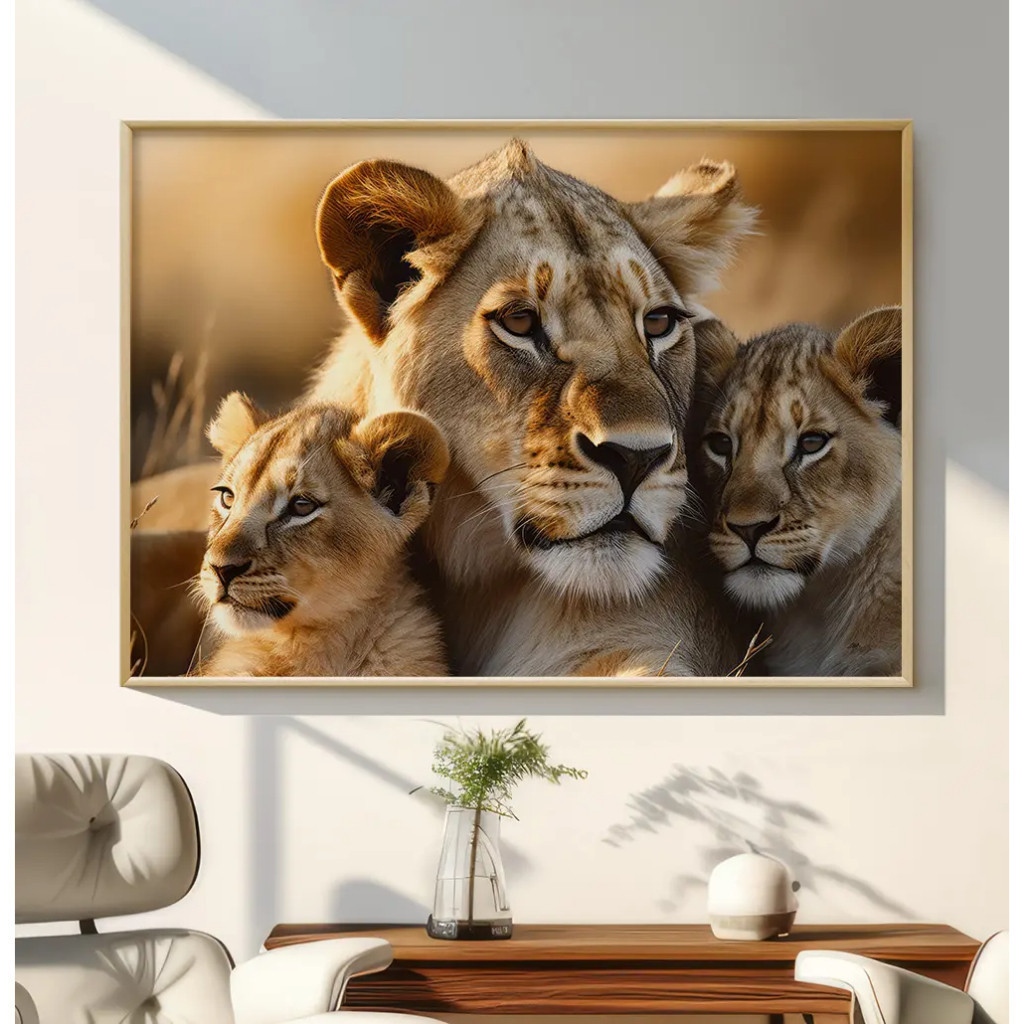 Quadro Decorativo 110x80cm Paisagem Leõa Mãe e Dois Filhotes Luxo Sala Quarto Casa Decoração De Parede Mdf Adesivo Dbox