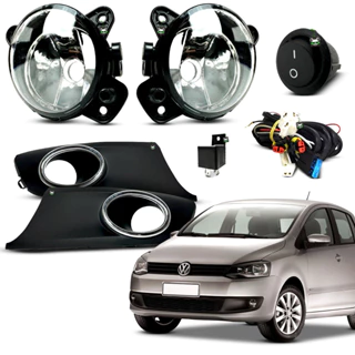 Kit Farol Auxiliar Milha Fox 2009 2010 2011 2012 2013 Moldura Preta C/ Aro Cromado Botao Tic Tac