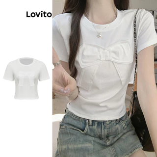 Lovito Camiseta casual lisa com laço frontal para mulheres L100MD481