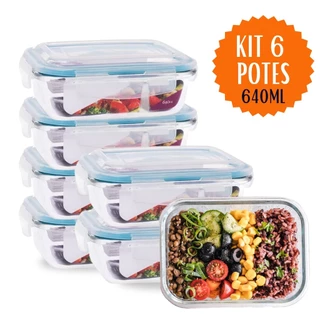 Kit 6 Potes De Vidro 640ML Hermético Marmita Com 4 Super Travas