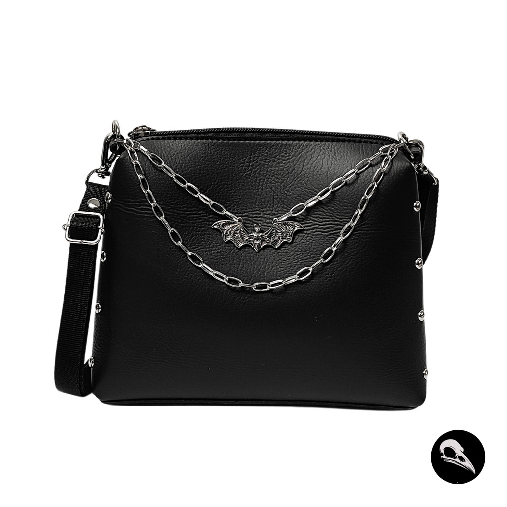 Bolsa Tiracolo Preta Morcego Gótica Alternativa em Laminado PVC Estilo Dark Artesanal Nacional
