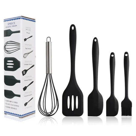Kit com 5 utensílios de cozinha em silicone – colher espátula, espátula pequena, pincel, resistentes