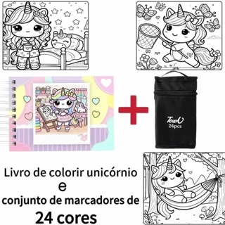 Livro de colorir unicórnio e conjunto de marcadores de 24 cores em Oferta na Shopee