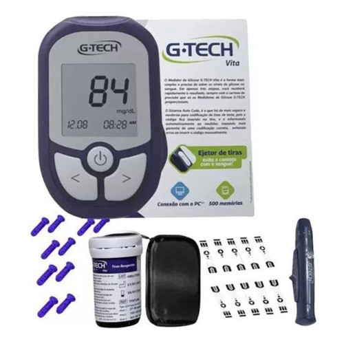 Kit - Medidor De Glicose G-tech Preto Vita Kit 10 Tiras e 10 Lancetas
