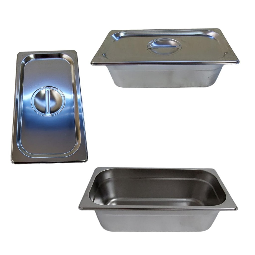 Kit 2 Cubas Com 2 Tampas Gn 1/3 10 cm Inox Gastronomica para Buffet Rechaud Restaurante Cozinha Doces Armazenamento de Alimentos