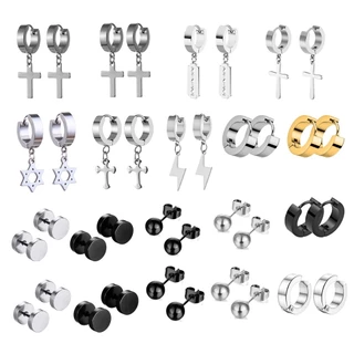 Brincos Hipoalergênicos de Aço Inoxidável 2 Peças com Furo 3-5mm Figura Geométrica Pendurados para Homens e Mulheres