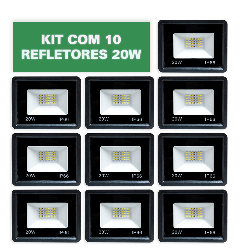 Kit 10 Refletores Led Slim/Fino Alumínio Preto 20w Branco | Shopee Brasil