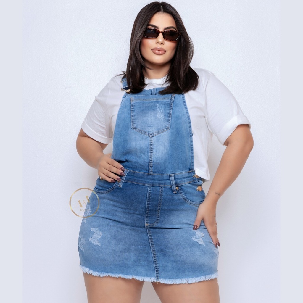 Macacão Jardineira Saia Jeans Feminina Plus Size Com Lycra