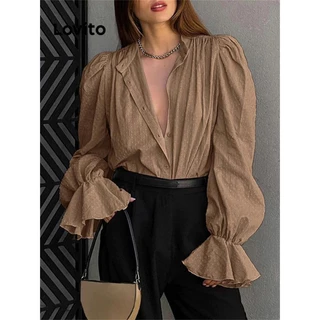 Lovito Blusa jacquard casual com babados e botão liso para mulheres LNL59375