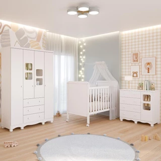 Quarto de Bebê Completo Guarda Roupa Uli 4 Portas 3 Gavetas Berço Mini Cama Cloe 2 Em 1 Cômoda Uli 4 Gavetas 1 Porta 100% MDF Móveis Peroba