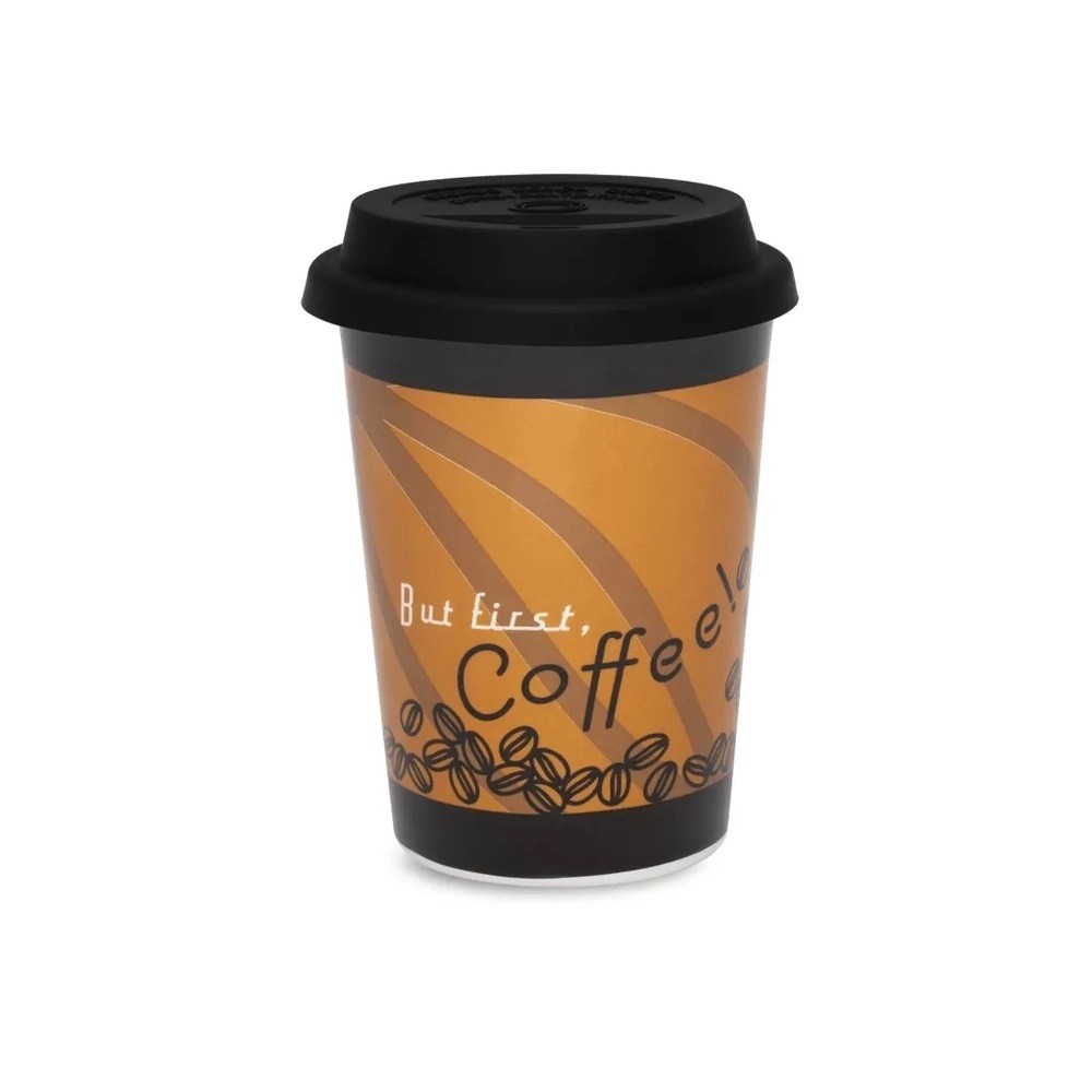 Copo Trip Café First Coffee Em Cerâmica Com Tampa Silicone Tipo Starbucks 300ml Oxford