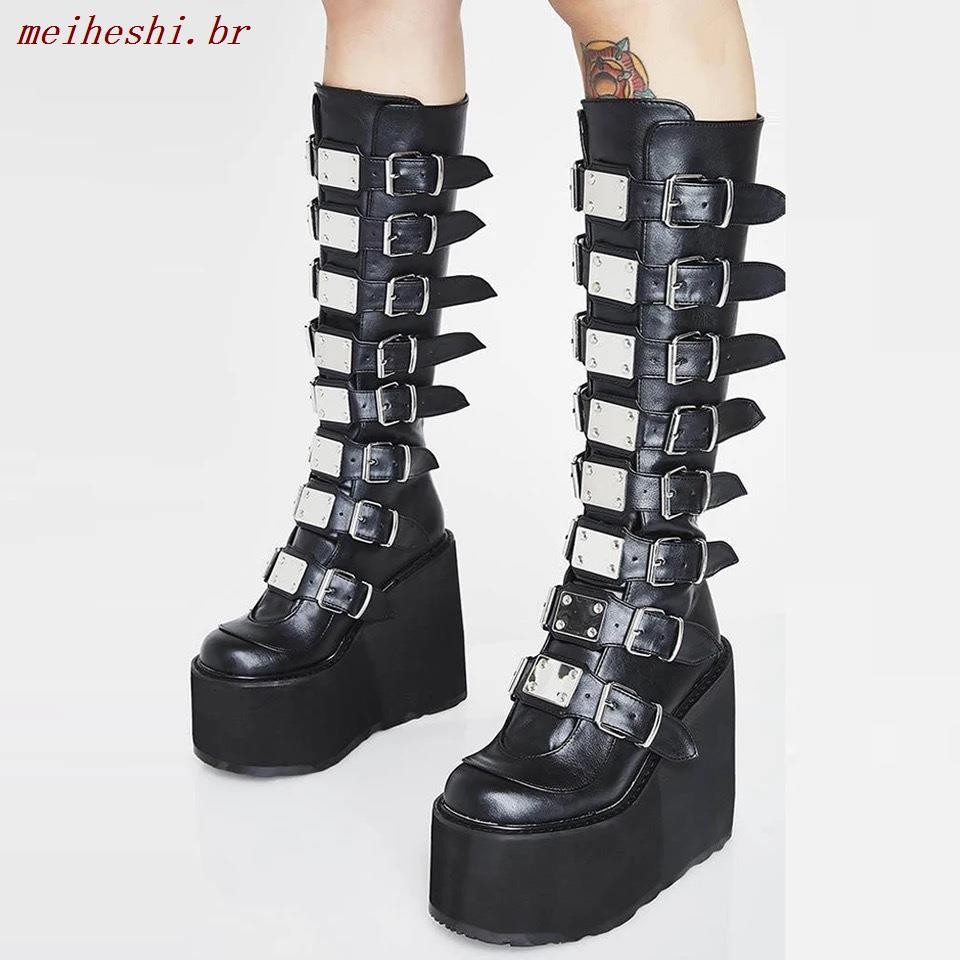 Botas de chapéu alto de couro feminino estilo punk gótico