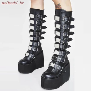 Botas de chapéu alto de couro feminino estilo punk gótico