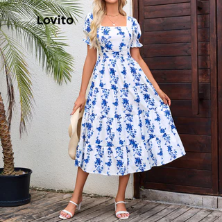 Lovito Vestido feminino Boho Ditsy com estrutura floral e mangas bufantes LBL16273