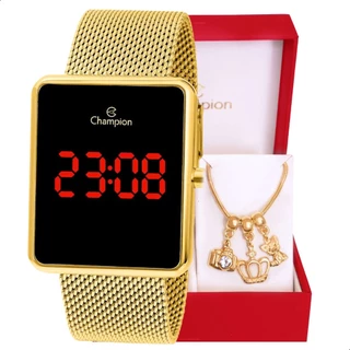 Relógio Feminino Champion CH40083V Digital Quadrado Dourado, com Pulseira de Berloques, Estilo, Moda, Presentes.