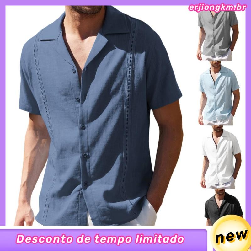 Camisa De Linho casual Solta Para Homens Cuba Guayabera Manga Curta Praia Masculina