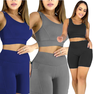 Kit 3 Conjunto Feminino Academia Top e Shorts Fitness Premium