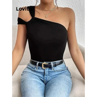 Lovito Elegante Top assimétrico liso para mulheres LNL79378