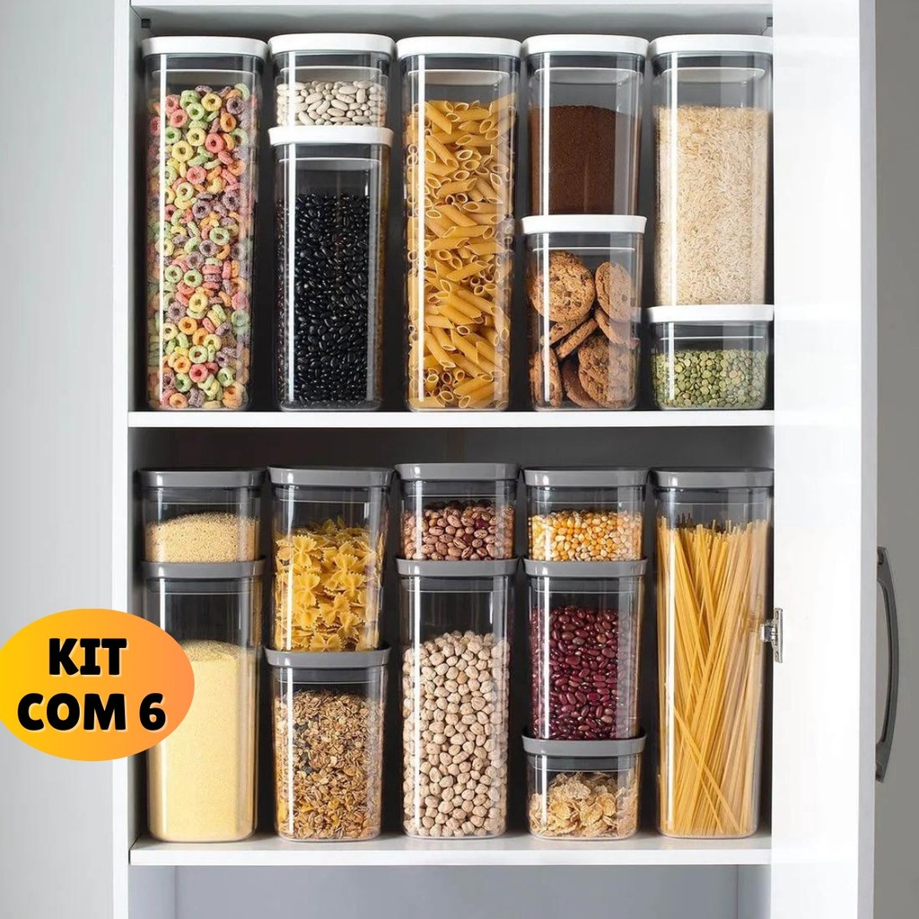 Kit Pote Hermético Quadrado Para Alimentos Dispensa Acrílico Resistente | Shopee Brasil