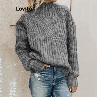 Lovito Suéter casual de linha de estrutura lisa para mulheres LNL63305