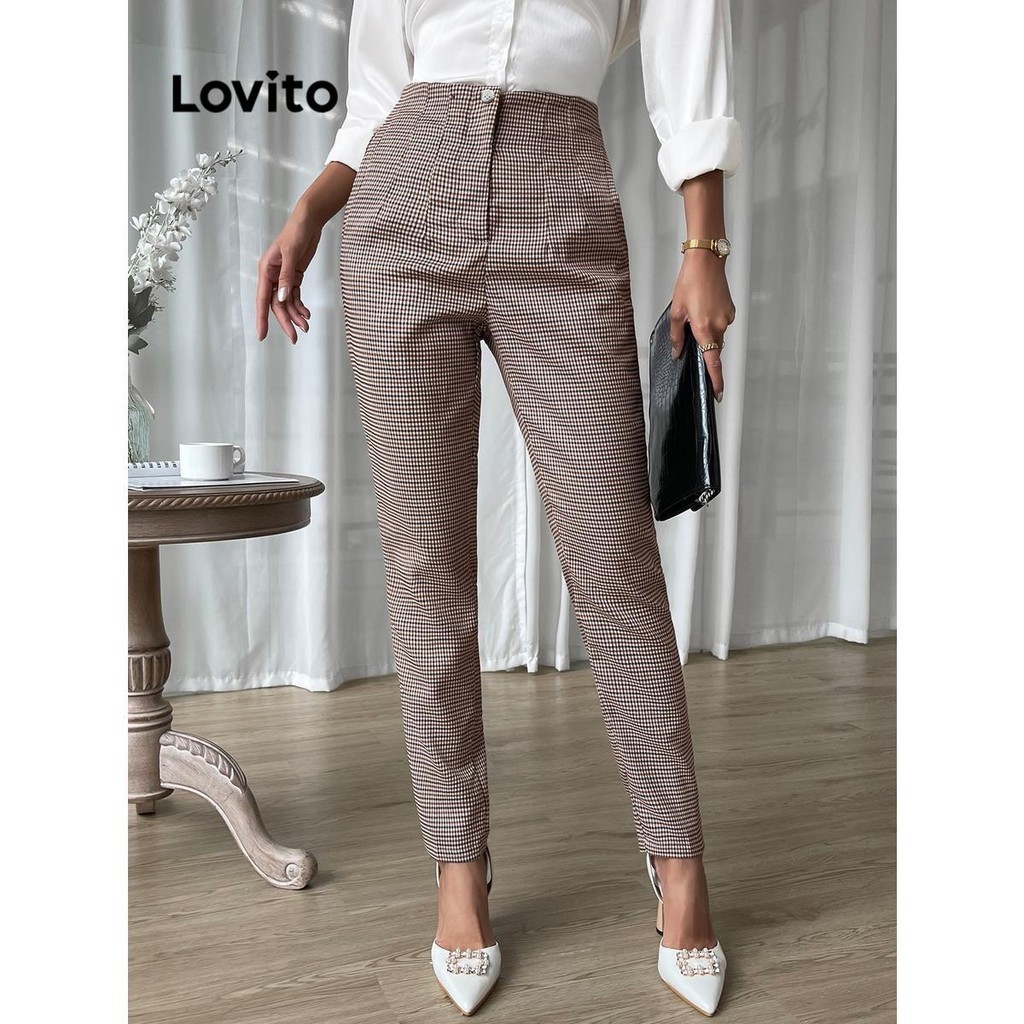 Lovito Calça elegante xadrez com zíper para mulheres LNL67319