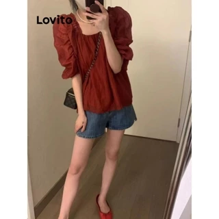 Lovito Blusa casual simples drapeada com babados para mulheres LNE72678