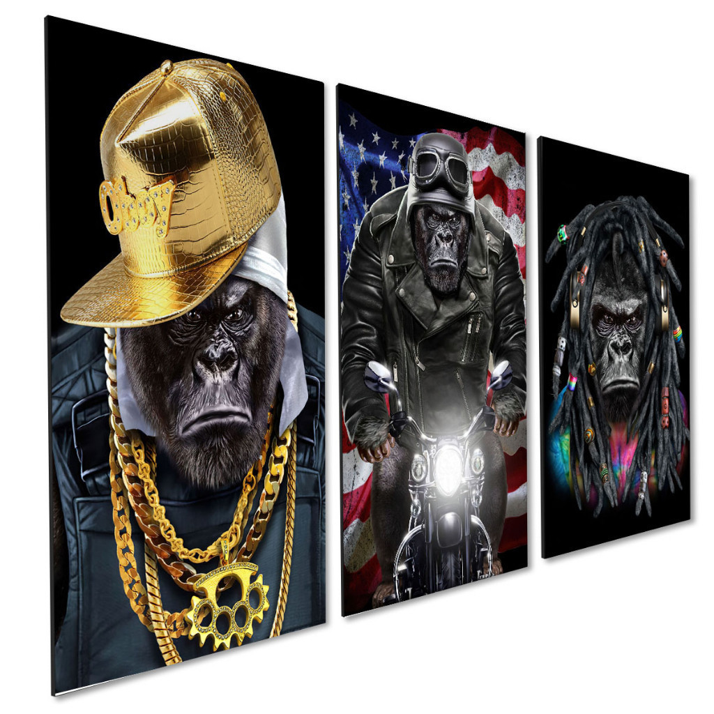 Kit 3 Quadros Decorativos Gorila Trap Motoqueiro Reggae