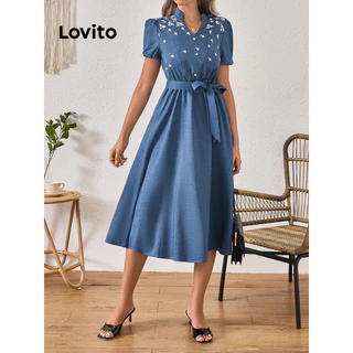 Lovito Vestido romântico Ditsy floral com cinto e apliques de babados para mulheres LBL15136