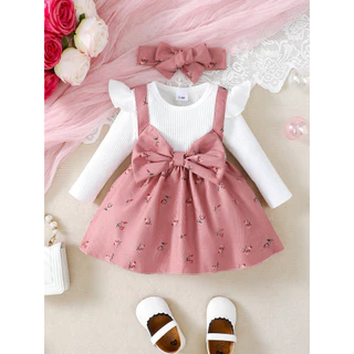 Vestido Para Bebê Menina 2 Peças 3-24 Meses Manga Comprida Rosa Flor Estampa Laço De Princesa Com Faixa De Cabeça Moda E