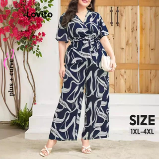 Lovito Conjunto de calças plus size casual liso Padrão conjunto de calças plus size para mulheres LNL77330