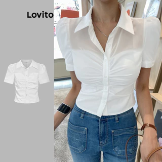 Lovito Blusa elegante de tecido liso com costura franzida para mulheres L100MD338