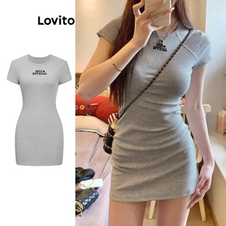 Lovito Vestido casual de malha canelada lisa para mulheres L100MD002