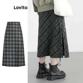 Lovito Saia de botão duplo xadrez estilo preppy com fenda na coxa para mulheres 102AD050