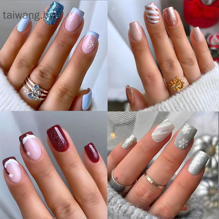unhas postiças decoradas realista pequena unha postiça natal Unhas Falsas Quadradas Com Cola Conjunto De Postiças