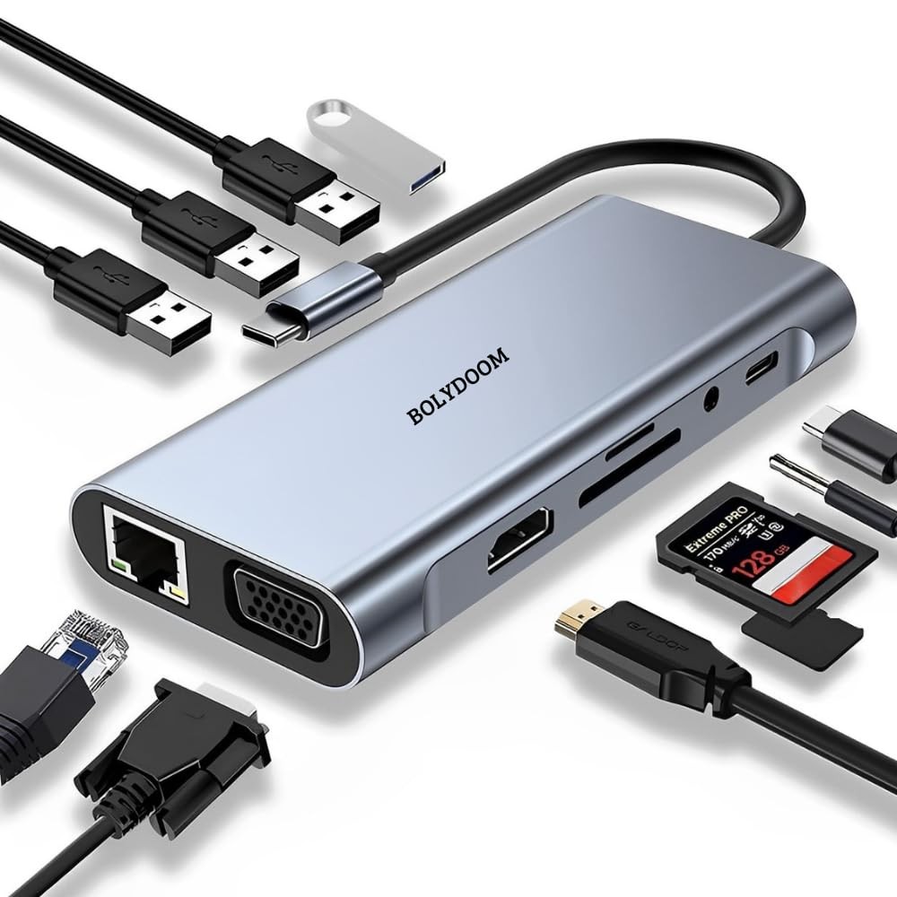 Adaptador Hub Usb C 10 em 1 3.0 - USB RJ45 HDMI Ethernet USB 3.0 VGA P2 MacBook Pro/Air e Windows