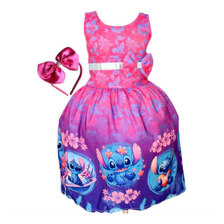 Vestido De Festa Luxo Infantil Rosa Menina Stitch Tiara