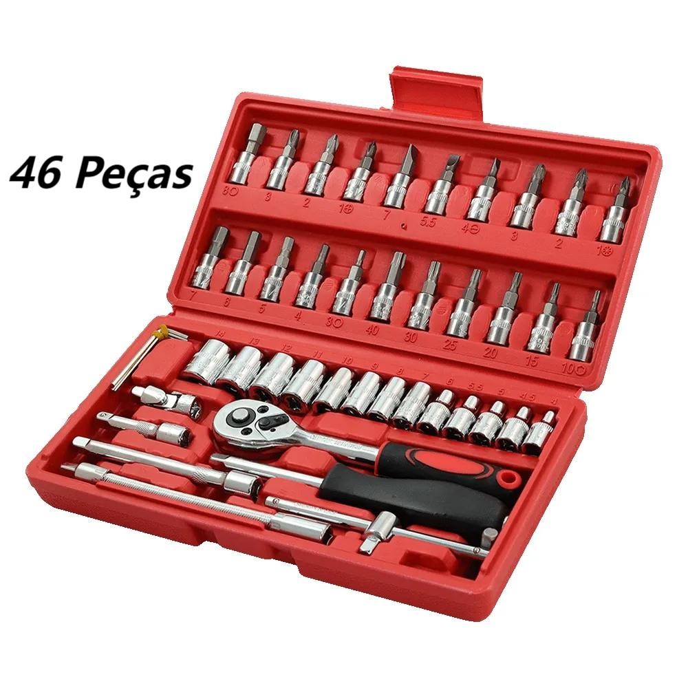 Kit De Ferramentas 46 Peças Jogo De Soquetes Chave Catraca Reversível Com Maleta Jogo De Ferramentas Completo