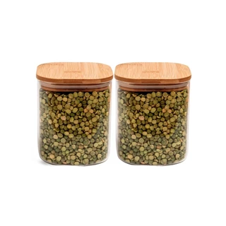 Kit 2 Pote Porta Condimentos Mantimentos Design Versátil Tampa De Bambu Quadrado Hermético 700ml