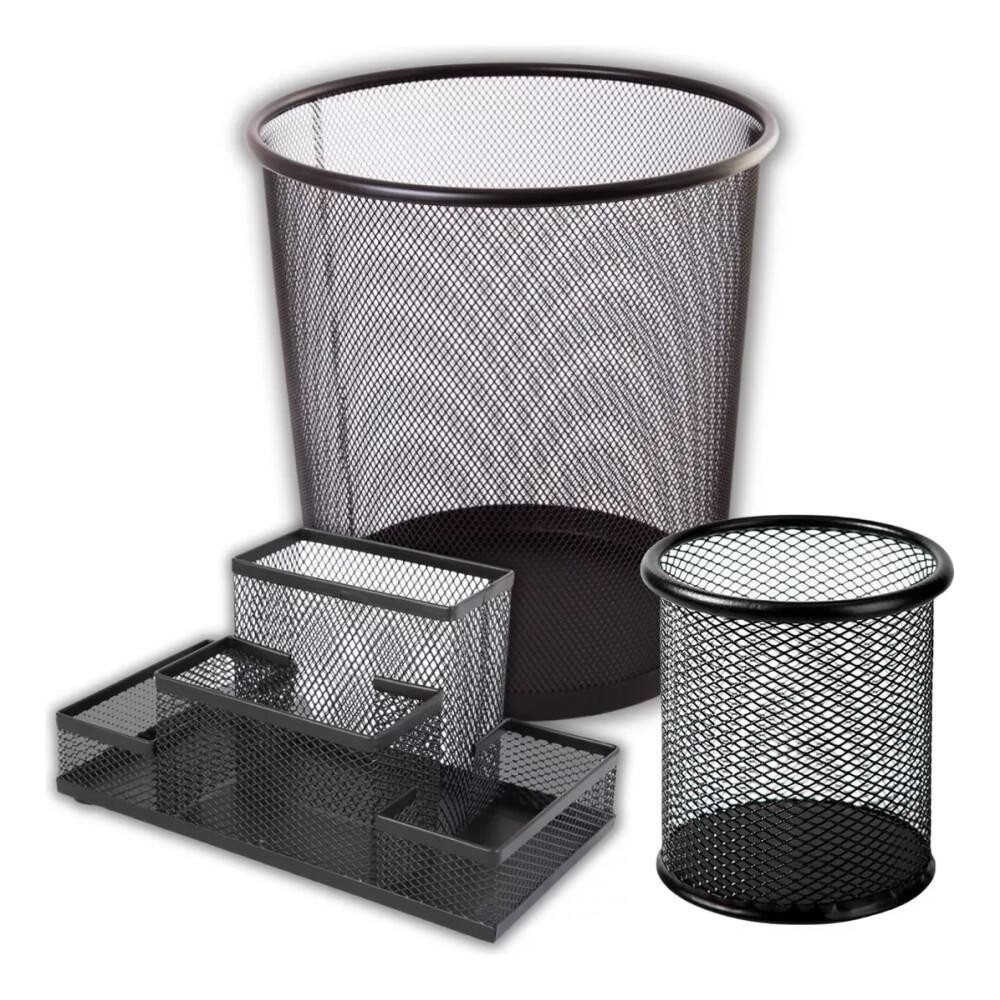 Kit Organizador De Escritório Preto Porta Treco Caneta Lixo