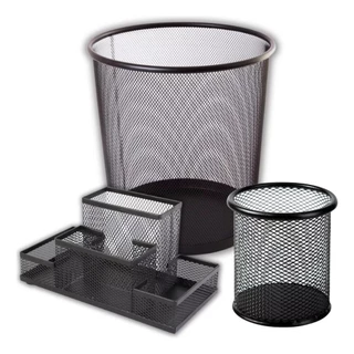 Kit Organizador De Escritório Preto Porta Treco Caneta Lixo
