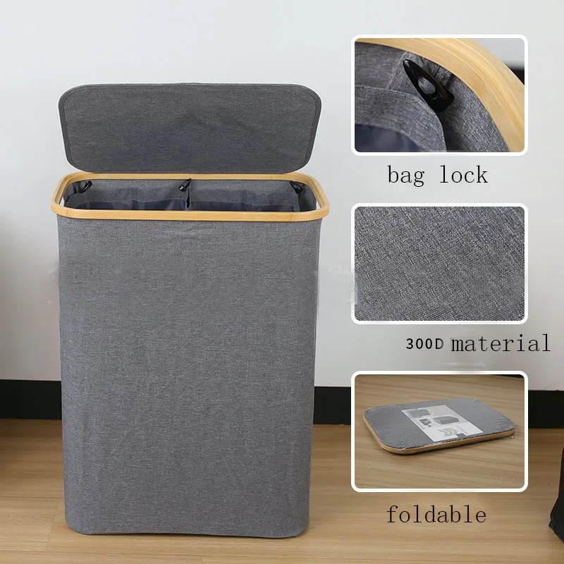 Cesto De Lavanderia Duplo Com Tampa Dividida Saco Removível 2 Seções Roupa Suja Alça Para Banheiro