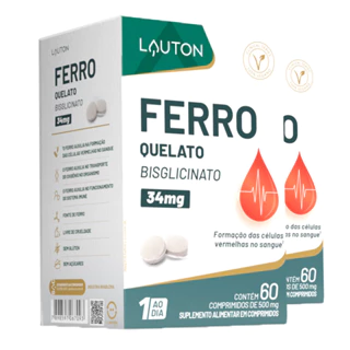 Kit 2x Ferro Quelato 34mg Lauton 60 Comprimidos