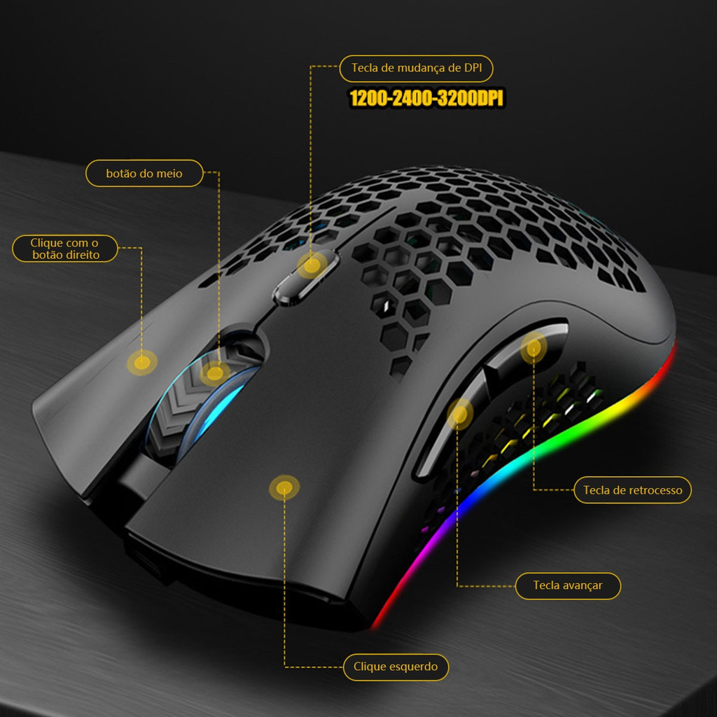 Mouse Gamer Wireless Ergonomico Recarregável via USB Iluminação RGB Respiratória