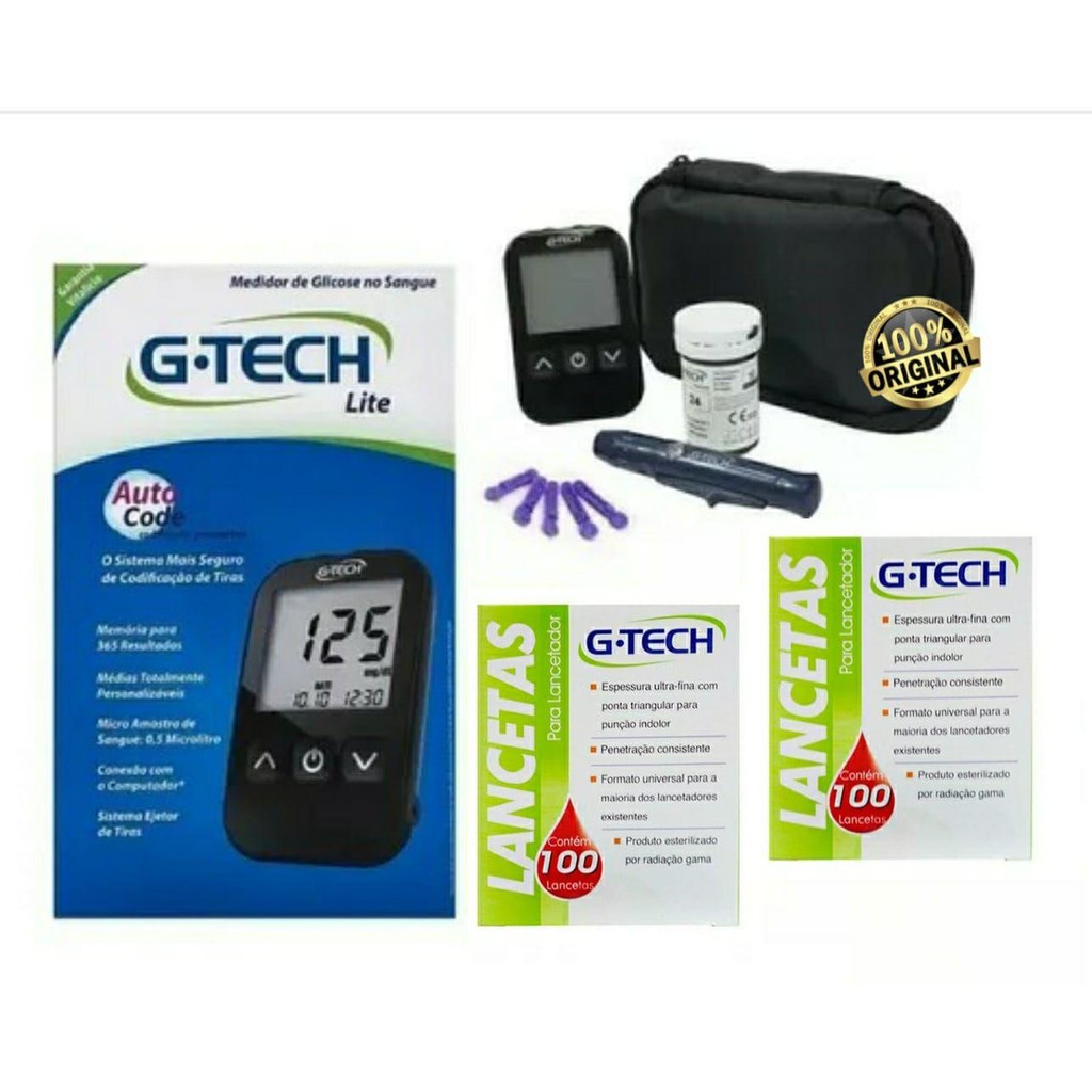 Medidor Glicose Diabetes Completo + 200 Lancetas G -tech - ACCUMED