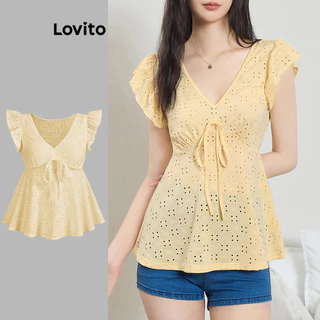 Lovito Camiseta feminina boho lisa com babados na frente e bainha L100MD347