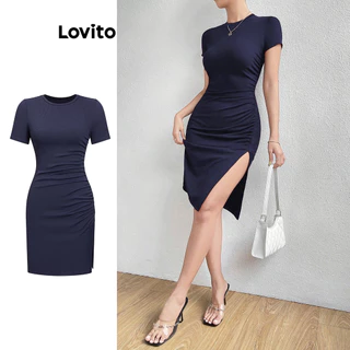 Lovito Vestido elegante simples franzido para mulheres L100MD479