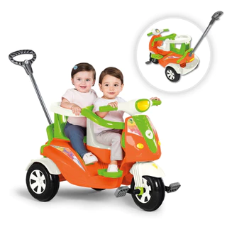 Carrinho de Passeio Moto Duo Calesita Motoquinha Para Gêmeos, Irmãos Com Empurrador e Pedal em Oferta na Shopee