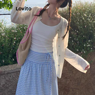 Lovito Cardigãs casuais lisos com renda para mulheres LNA74312